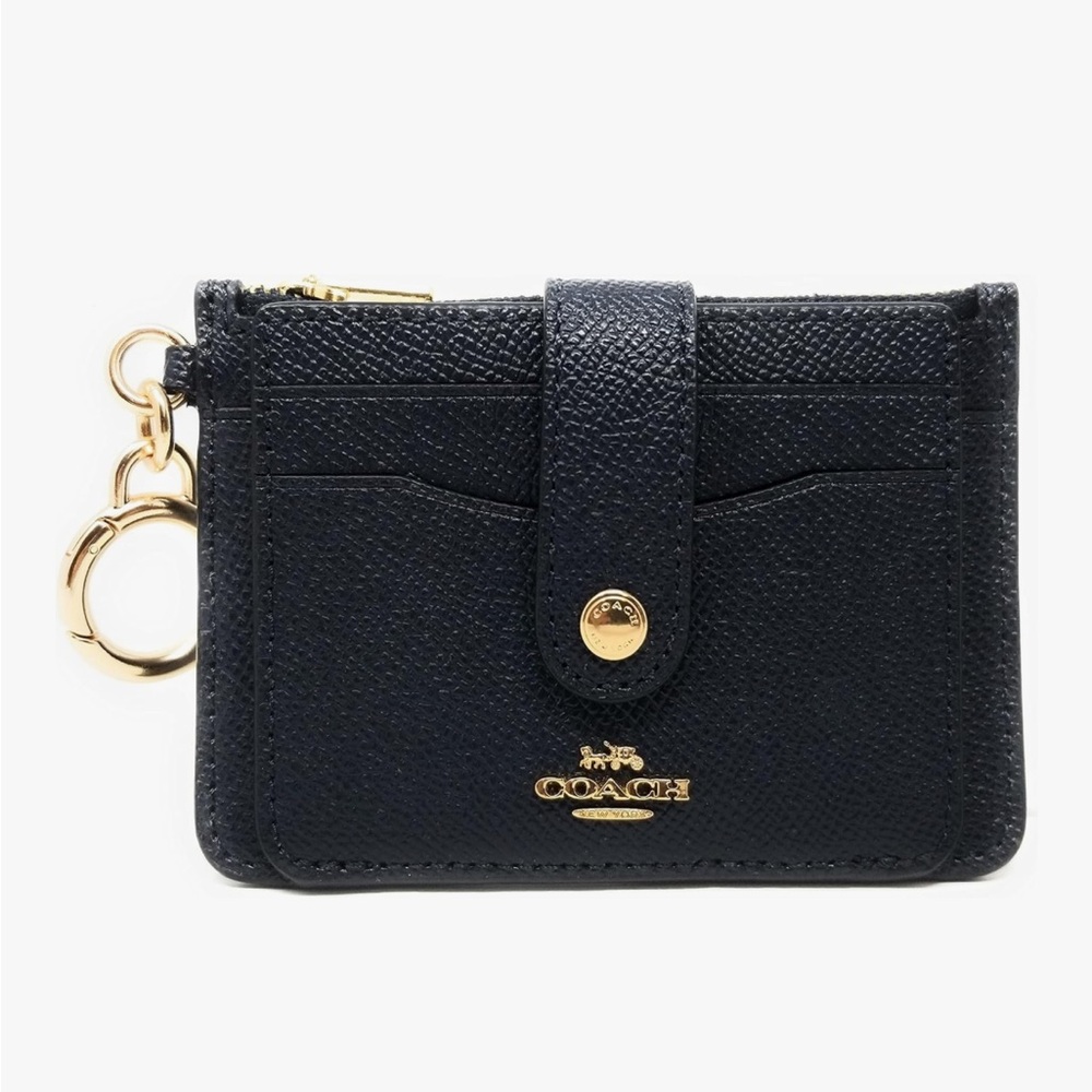 Coach Navy Leather Card Holder with Gold Details